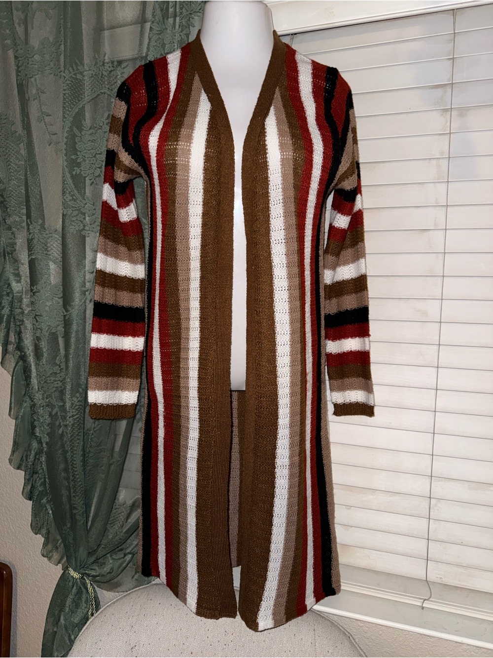 Love Striped Open-Front Long Cardigan - Brown, Red, White, Black